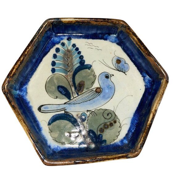 Ken Edwards Vintage Dish Plate Bowl Tonala Pottery Bird Butterfly Drip Glaze - Picture 7 of 7